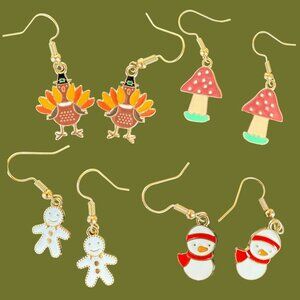 Fall and Winter Earring Set of 4 Dangle Turkey Mushroom Snowman and Gingerbread